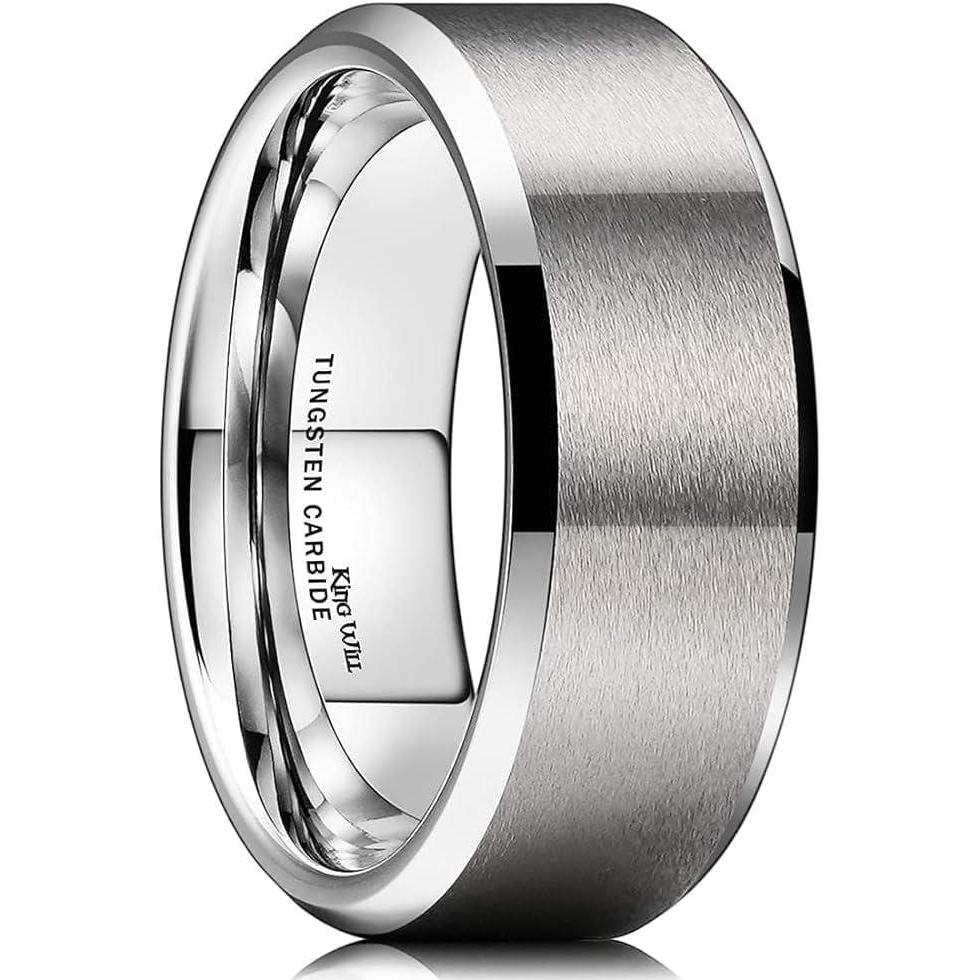imageKing Will Tungsten Mens Wedding Ring  Available in 6mm to 10mm BlackSilver Matte Finish Beveled Polished Edge Comfort FitSilver8mm
