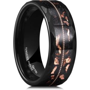 King Will 8mm Mens Silver/Black Tungsten Carbide Ring for Men Nature Koa Wood Inlay/Galaxy Opal Inlay Wedding Bands Hammered Multi-Faceted Wedding Band(B-Black 8mm)