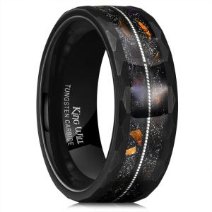 King Will 8mm Mens Silver/Black Tungsten Carbide Ring for Men Nature Koa Wood Inlay/Galaxy Opal Inlay Wedding Bands Hammered Multi-Faceted Wedding Band(B-Black)