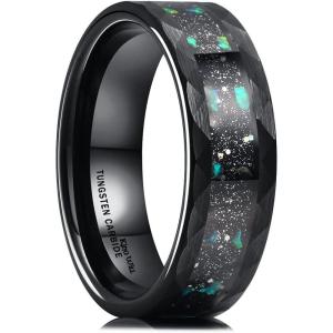 King Will 8mm Mens Silver/Black Tungsten Carbide Ring for Men Nature Koa Wood Inlay/Galaxy Opal Inlay Wedding Bands Hammered Multi-Faceted Wedding Band(Blue)