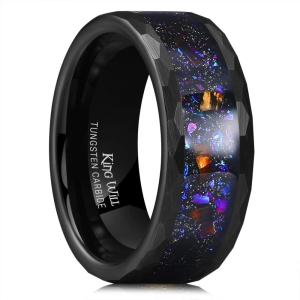 King Will 8mm Mens Silver/Black Tungsten Carbide Ring for Men Nature Koa Wood Inlay/Galaxy Opal Inlay Wedding Bands Hammered Multi-Faceted Wedding Band(Black & Galaxy)