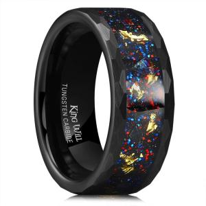 King Will 8mm Mens Silver/Black Tungsten Carbide Ring for Men Nature Koa Wood Inlay/Galaxy Opal Inlay Wedding Bands Hammered Multi-Faceted Wedding Band(Black & Red & Blue)
