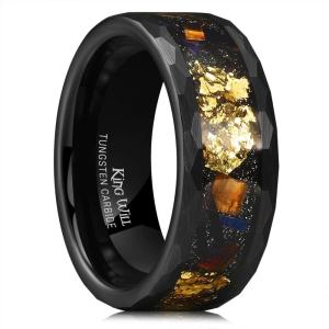 King Will 8mm Mens Silver/Black Tungsten Carbide Ring for Men Nature Koa Wood Inlay/Galaxy Opal Inlay Wedding Bands Hammered Multi-Faceted Wedding Band(Black & Gold)