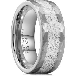 King Will 8mm Mens Silver/Black Tungsten Carbide Ring for Men Nature Koa Wood Inlay/Galaxy Opal Inlay Wedding Bands Hammered Multi-Faceted Wedding Band(Gunmetal)