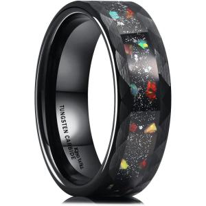 King Will 8mm Mens Silver/Black Tungsten Carbide Ring for Men Nature Koa Wood Inlay/Galaxy Opal Inlay Wedding Bands Hammered Multi-Faceted Wedding Band(Red Galaxy)