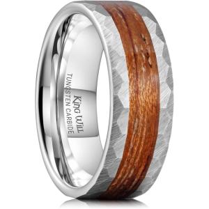 King Will 8mm Mens Silver/Black Tungsten Carbide Ring for Men Nature Koa Wood Inlay/Galaxy Opal Inlay Wedding Bands Hammered Multi-Faceted Wedding Band(Silver)