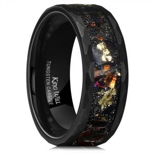 King Will 8mm Mens Silver/Black Tungsten Carbide Ring for Men Nature Koa Wood Inlay/Galaxy Opal Inlay Wedding Bands Hammered Multi-Faceted Wedding Band(black&gold)