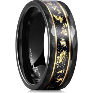 King Will 8mm Mens Silver/Black Tungsten Carbide Ring for Men Nature Koa Wood Inlay/Galaxy Opal Inlay Wedding Bands Hammered Multi-Faceted Wedding Band(gold foils)