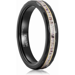 King Will 8mm Mens Silver/Black Tungsten Carbide Ring for Men Nature Koa Wood Inlay/Galaxy Opal Inlay Wedding Bands Hammered Multi-Faceted Wedding Band(gold foils-4mm)