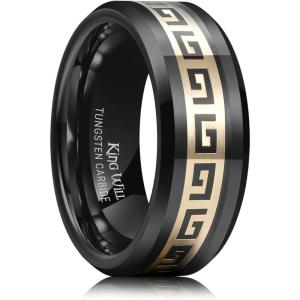 King Will 8mm Tungsten Carbide Rings for Men Men’s Wedding Band with Carbon Fiber Inlaid Beveled Polished(Black & Gold Inlay)