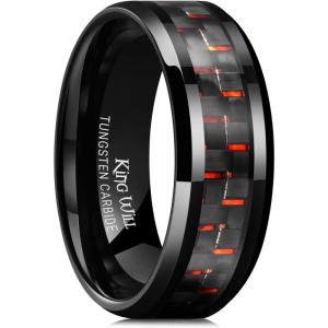 King Will 8mm Tungsten Carbide Rings for Men Men’s Wedding Band with Carbon Fiber Inlaid Beveled Polished(Black-Red Fiber)