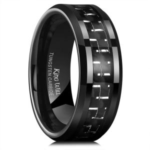 King Will 8mm Tungsten Carbide Rings for Men Men’s Wedding Band with Carbon Fiber Inlaid Beveled Polished(Black-White Fiber)