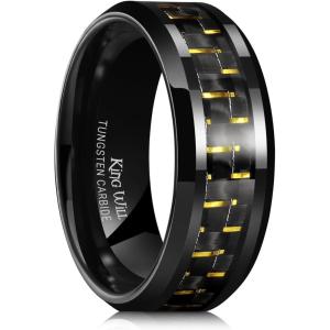 King Will 8mm Tungsten Carbide Rings for Men Men’s Wedding Band with Carbon Fiber Inlaid Beveled Polished(Black-Yellow Fiber)