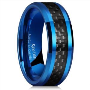 King Will 8mm Tungsten Carbide Rings for Men Men’s Wedding Band with Carbon Fiber Inlaid Beveled Polished(Blue-Black Fiber)