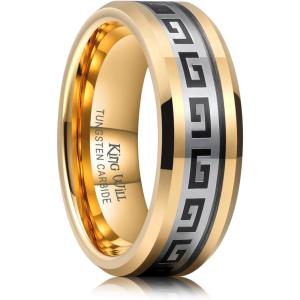 King Will 8mm Tungsten Carbide Rings for Men Men’s Wedding Band with Carbon Fiber Inlaid Beveled Polished(Gold & Silver Inlay)