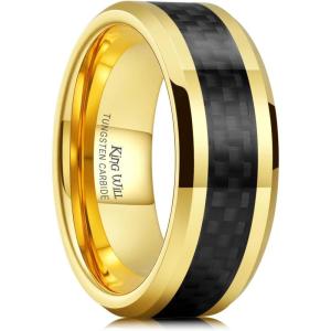 King Will 8mm Tungsten Carbide Rings for Men Men’s Wedding Band with Carbon Fiber Inlaid Beveled Polished(Gold Black Fiber)