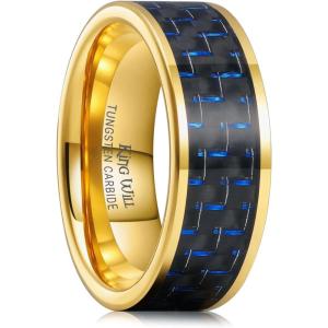 King Will 8mm Tungsten Carbide Rings for Men Men’s Wedding Band with Carbon Fiber Inlaid Beveled Polished(Gold-Blue Fiber)