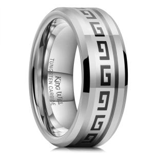 King Will 8mm Tungsten Carbide Rings for Men Men’s Wedding Band with Carbon Fiber Inlaid Beveled Polished(Gunmetal & Silver Inlay)