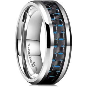 King Will 8mm Tungsten Carbide Rings for Men Men’s Wedding Band with Carbon Fiber Inlaid Beveled Polished(Silver-Black & Blue Fiber)