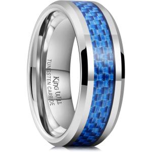 King Will 8mm Tungsten Carbide Rings for Men Men’s Wedding Band with Carbon Fiber Inlaid Beveled Polished(Silver-Blue Fiber)