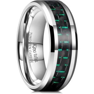 King Will 8mm Tungsten Carbide Rings for Men Men’s Wedding Band with Carbon Fiber Inlaid Beveled Polished(Silver-Green Fiber)