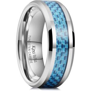 King Will 8mm Tungsten Carbide Rings for Men Men’s Wedding Band with Carbon Fiber Inlaid Beveled Polished(Silver-Light Blue Fiber)