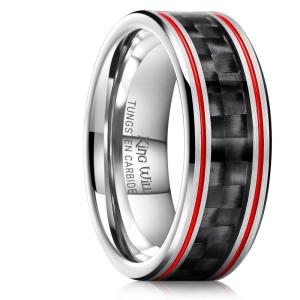 King Will 8mm Tungsten Carbide Rings for Men Men’s Wedding Band with Carbon Fiber Inlaid Beveled Polished(Silver-Red Groove)