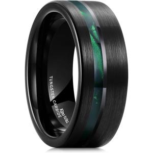 King Will 8mm Tungsten Rings for Men Black Wedding Band Gentleman with Galaxy Shell Sand Meteorite Inlay Pipe Cut Brushed(Green)
