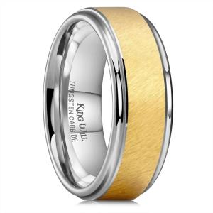 King Will Classic 8mm Tungsten Carbide Ring Black/Silver/Gold Brushed Two Grooved Center Hammered Design Mens Wedding Band for Men(A-Gold-Silver)