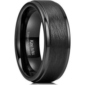 King Will Classic 8mm Tungsten Carbide Ring Black/Silver/Gold Brushed Two Grooved Center Hammered Design Mens Wedding Band for Men(Black)
