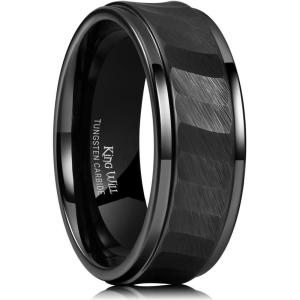 King Will Classic 8mm Tungsten Carbide Ring Black/Silver/Gold Brushed Two Grooved Center Hammered Design Mens Wedding Band for Men(C-Black)
