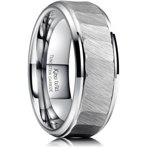 King Will Classic 8mm Tungsten Carbide Ring Black/Silver/Gold Brushed Two Grooved Center Hammered Design Mens Wedding Band for Men(C-Silver)