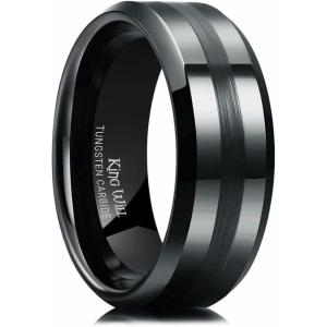 King Will Classic 8mm Tungsten Carbide Ring Black/Silver/Gold Brushed Two Grooved Center Hammered Design Mens Wedding Band for Men(D-Black)