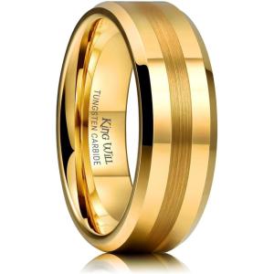 King Will Classic 8mm Tungsten Carbide Ring Black/Silver/Gold Brushed Two Grooved Center Hammered Design Mens Wedding Band for Men(D-Gold)