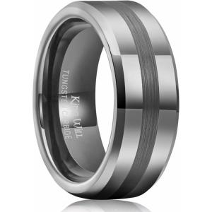 King Will Classic 8mm Tungsten Carbide Ring Black/Silver/Gold Brushed Two Grooved Center Hammered Design Mens Wedding Band for Men(D-Gunmetal Gery)