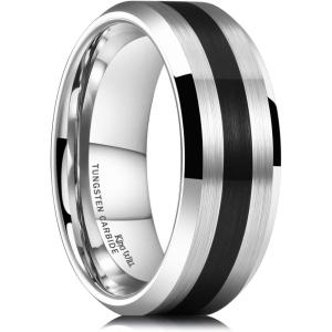 King Will Classic 8mm Tungsten Carbide Ring Black/Silver/Gold Brushed Two Grooved Center Hammered Design Mens Wedding Band for Men(F-Silver & Black)