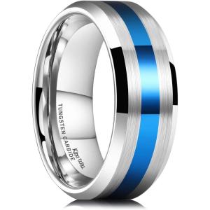 King Will Classic 8mm Tungsten Carbide Ring Black/Silver/Gold Brushed Two Grooved Center Hammered Design Mens Wedding Band for Men(F-Silver & Blue)