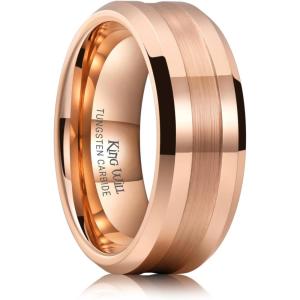 King Will Classic 8mm Tungsten Carbide Ring Black/Silver/Gold Brushed Two Grooved Center Hammered Design Mens Wedding Band for Men(G-Rose Gold)