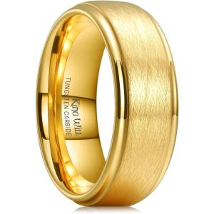 King Will Classic 8mm Tungsten Carbide Ring Black/Silver/Gold Brushed Two Grooved Center Hammered Design Mens Wedding Band for Men(Gold)