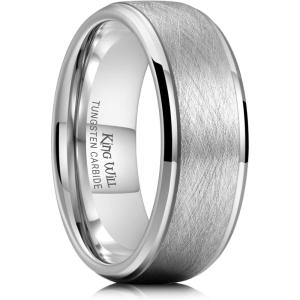 King Will Classic 8mm Tungsten Carbide Ring Black/Silver/Gold Brushed Two Grooved Center Hammered Design Mens Wedding Band for Men(Silver)