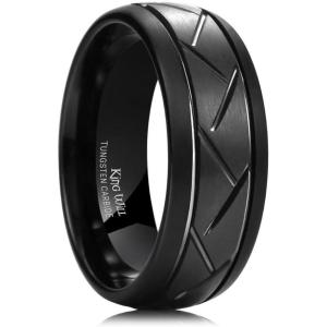 King Will Classic 8mm Tungsten Carbide Ring Black/Silver/Gold Brushed Two Grooved Center Hammered Design Mens Wedding Band for Men(b-black)