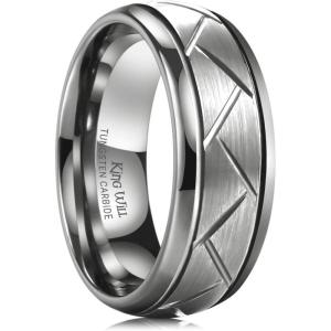 King Will Classic 8mm Tungsten Carbide Ring Black/Silver/Gold Brushed Two Grooved Center Hammered Design Mens Wedding Band for Men(b-silver)