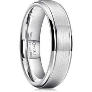 King Will Classic Tungsten Wedding Band for Men, 6/7/8/9/10mm Widths, Polished Finish Step Edge Matte Rings Comfort Fit(A-silver 6mm)