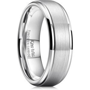 King Will Classic Tungsten Wedding Band for Men, 6/7/8/9/10mm Widths, Polished Finish Step Edge Matte Rings Comfort Fit(A-silver 7mm)