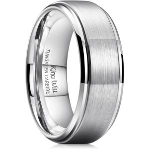 King Will Classic Tungsten Wedding Band for Men, 6/7/8/9/10mm Widths, Polished Finish Step Edge Matte Rings Comfort Fit(A-silver 8mm)