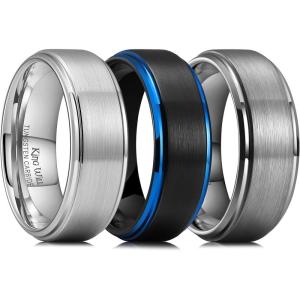 King Will Classic Tungsten Wedding Band for Men, 6/7/8/9/10mm Widths, Polished Finish Step Edge Matte Rings Comfort Fit(Black/Silver/Gunmetal)