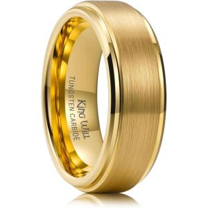 King Will Classic Tungsten Wedding Band for Men, 6/7/8/9/10mm Widths, Polished Finish Step Edge Matte Rings Comfort Fit(E-gold 7mm)