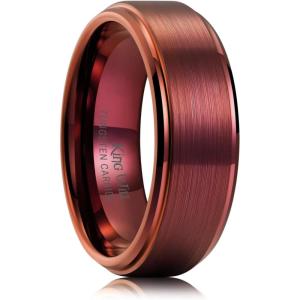 King Will Classic Tungsten Wedding Band for Men, 6/7/8/9/10mm Widths, Polished Finish Step Edge Matte Rings Comfort Fit(F-red 8mm)