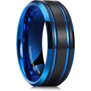 King Will Mens Tungsten Carbide Wedding Band with Groove Design, 6/7/8mm Width, Brushed/Polished Finish Men’s Rings Comfort Fit(Black&Blue-8mm)