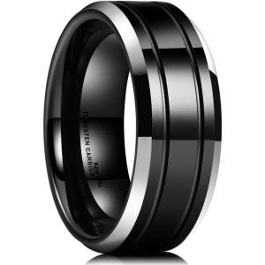 King Will Mens Tungsten Carbide Wedding Band with Groove Design, 6/7/8mm Width, Brushed/Polished Finish Men’s Rings Comfort Fit(Black&Silver Edge-8mm)